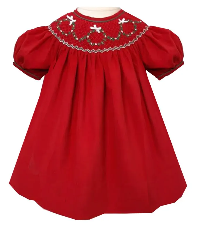 Little Threads Smocked Corduroy Tie-Back Christmas Dress