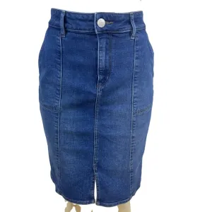 Loft Dark Blue Denim Pencil Skirt W/ Pockets Medium Wash High Waist Stretch