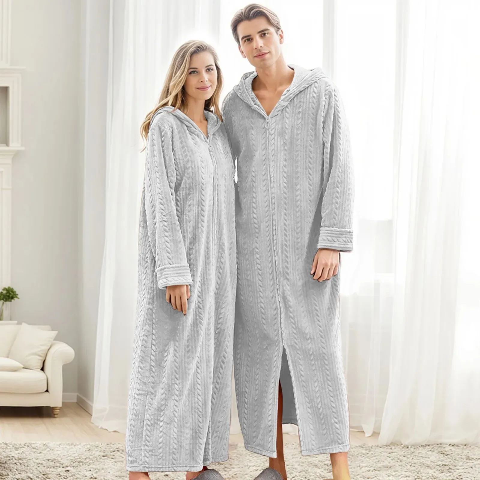 Long Hooded Zipper Bathrobe For Lovers Flannel Fleece Robes Winter Warm Housecoat Nightgown Family Christmas Pajama Pants