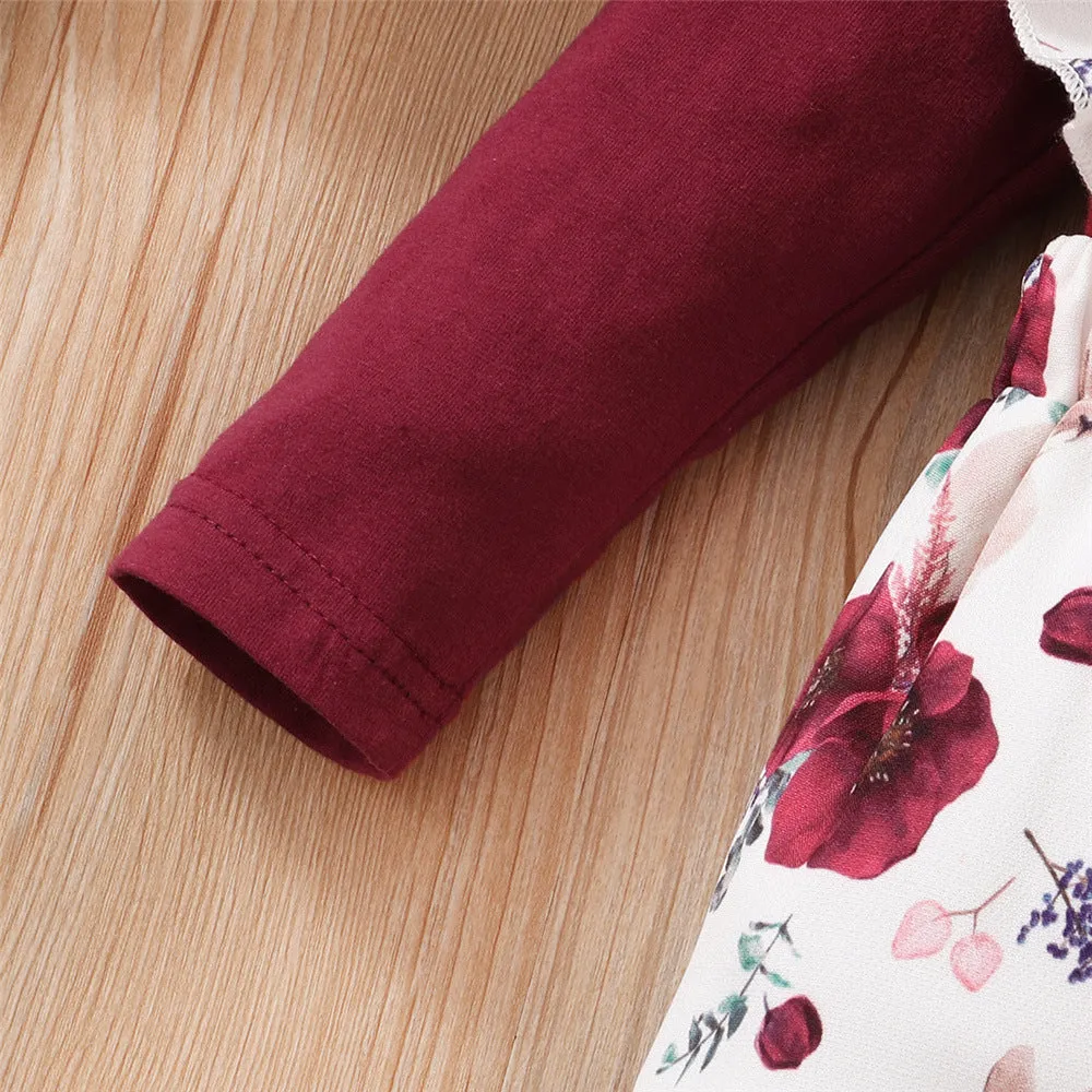 Long-sleeve Jumpsuit Floral Suspender Pants Headscarf Three-piece Set