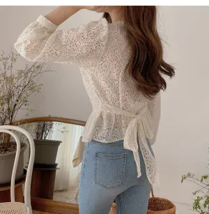 Long Sleeve Lace Up Hollow Out Blouse Shirt