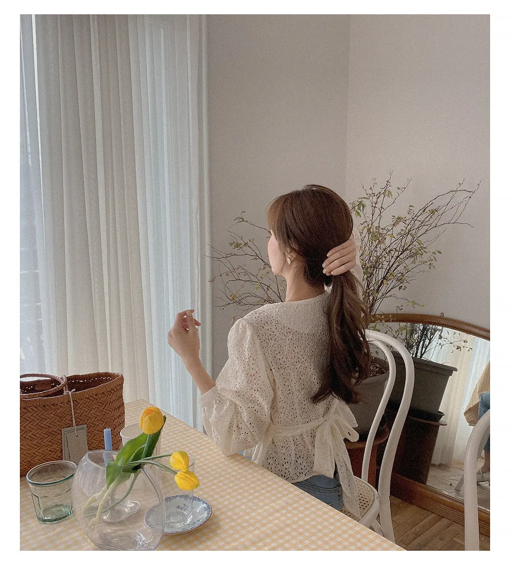 Long Sleeve Lace Up Hollow Out Blouse Shirt