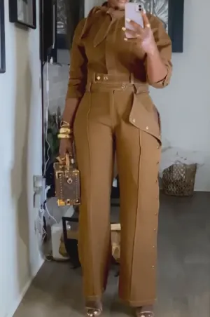 long sleeve lace up shirt jumpsuit