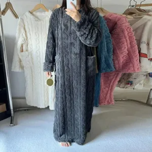 Long Sleeve Nightgown Cozy Coral Fleece Nightgown with Pockets for Women Warm Long Sleeve Homewear Dress with Twisted for Fall