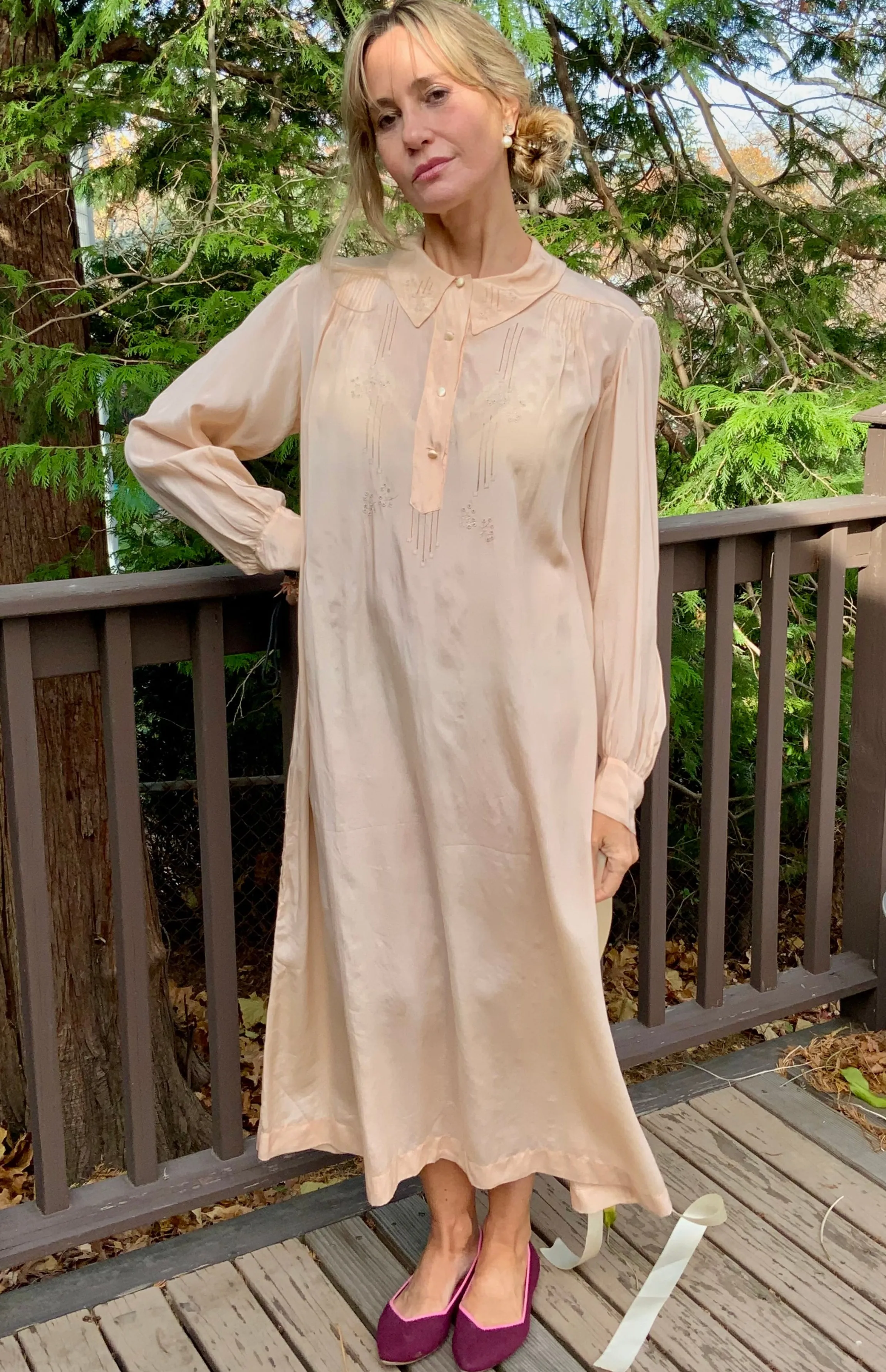 Long Sleeve Silk Nightgown Embroidered - 20s - 20X