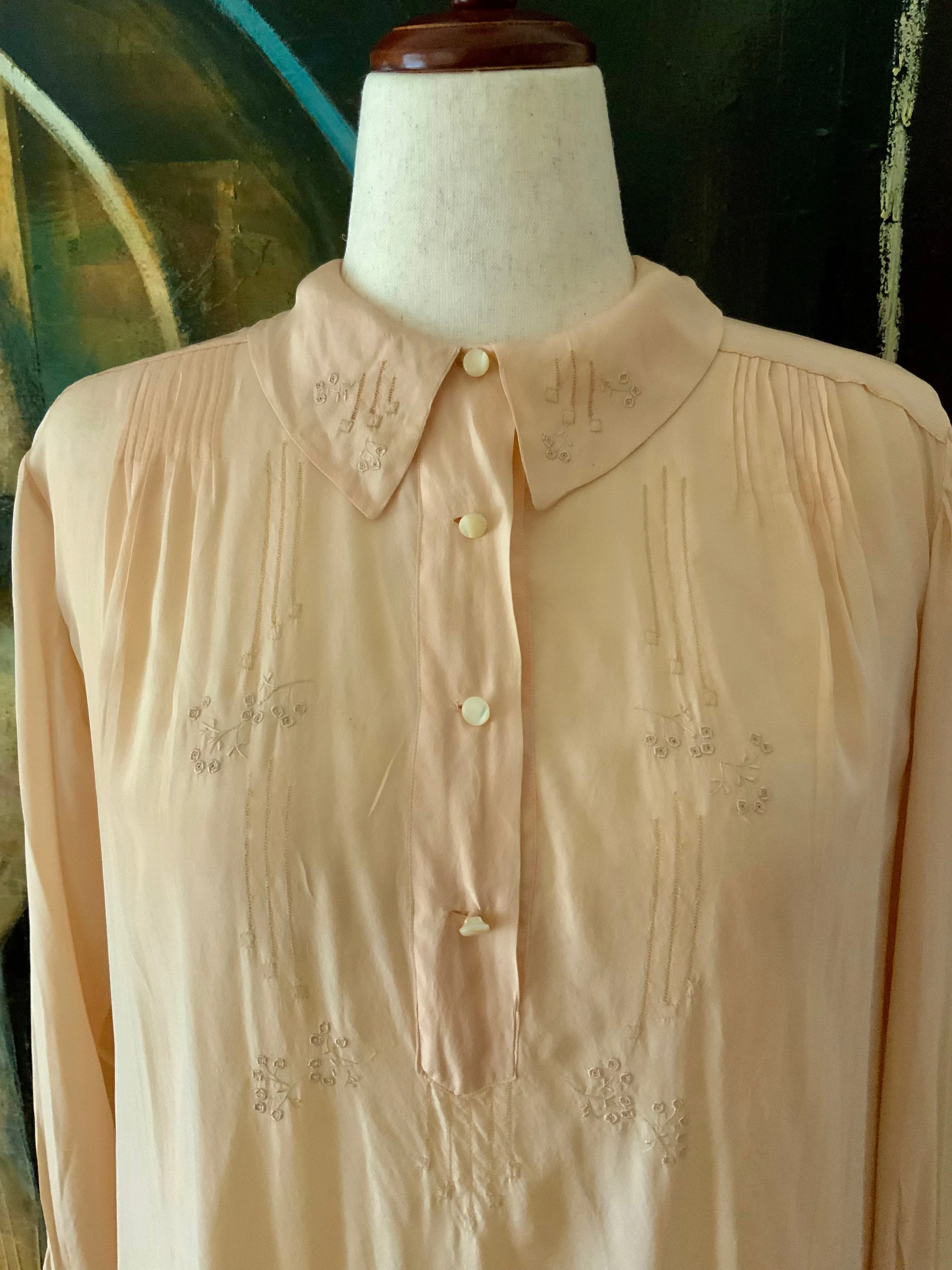 Long Sleeve Silk Nightgown Embroidered - 20s - 20X