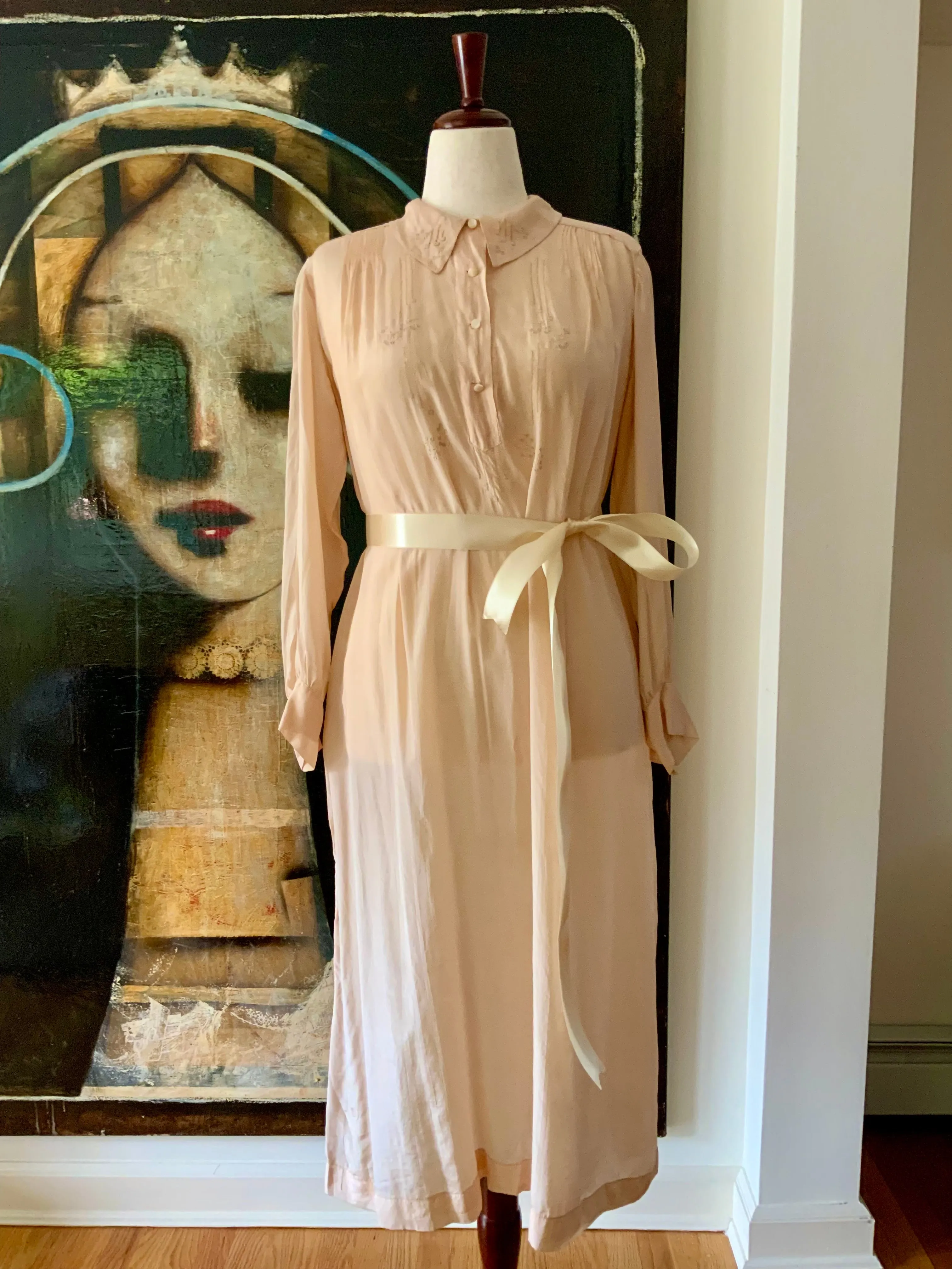 Long Sleeve Silk Nightgown Embroidered - 20s - 20X