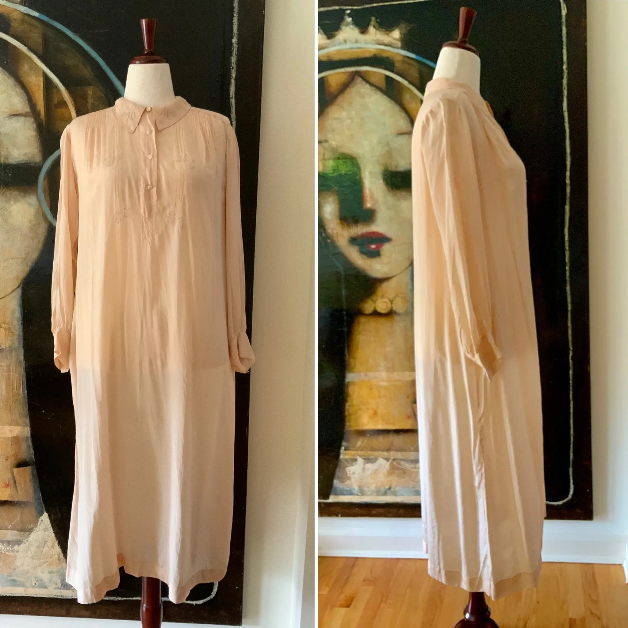 Long Sleeve Silk Nightgown Embroidered - 20s - 20X