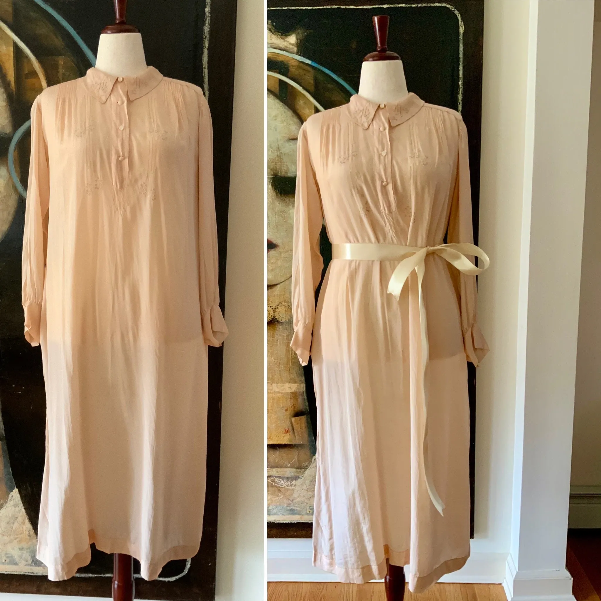 Long Sleeve Silk Nightgown Embroidered - 20s - 20X