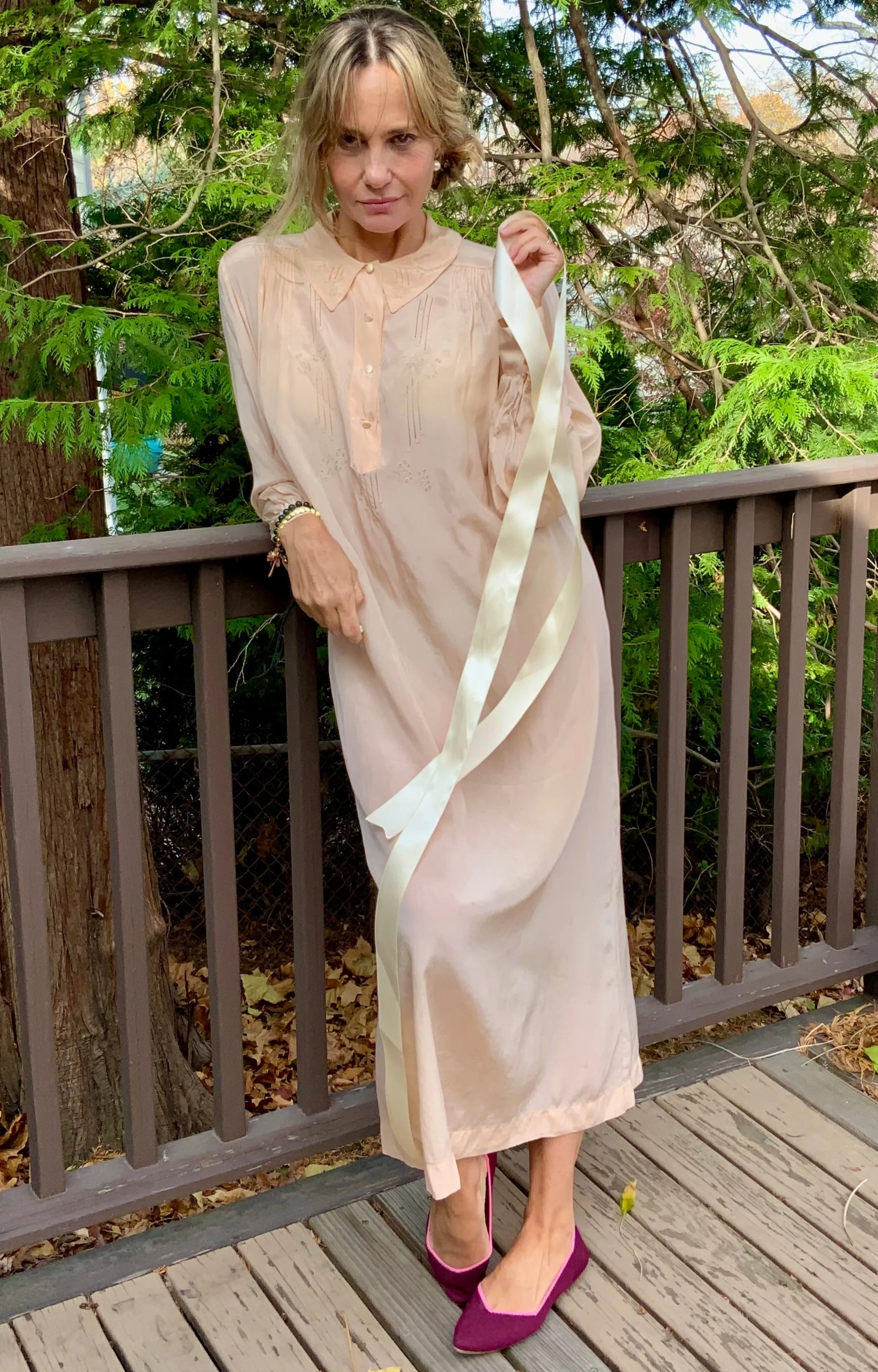 Long Sleeve Silk Nightgown Embroidered - 20s - 20X