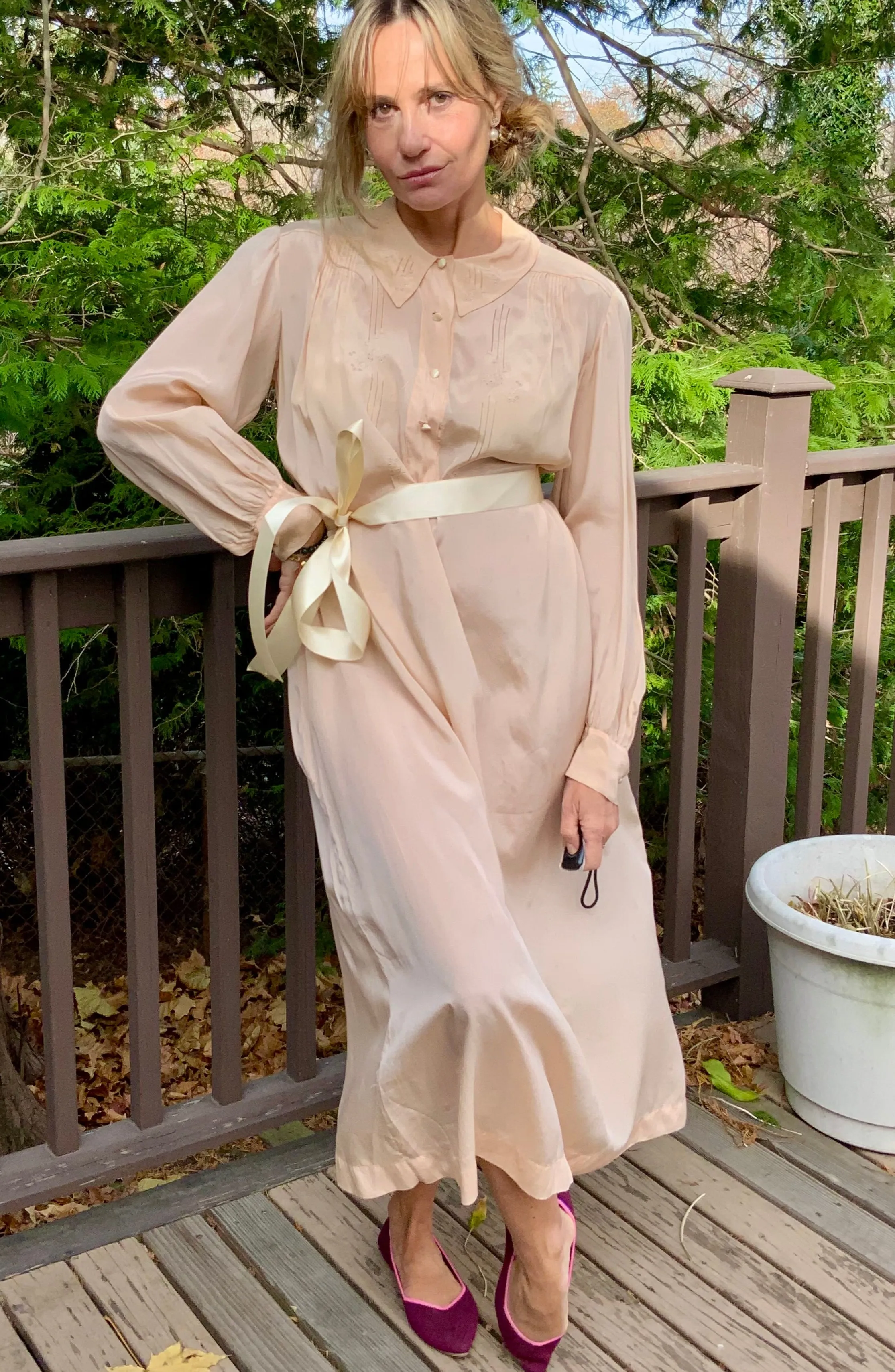 Long Sleeve Silk Nightgown Embroidered - 20s - 20X