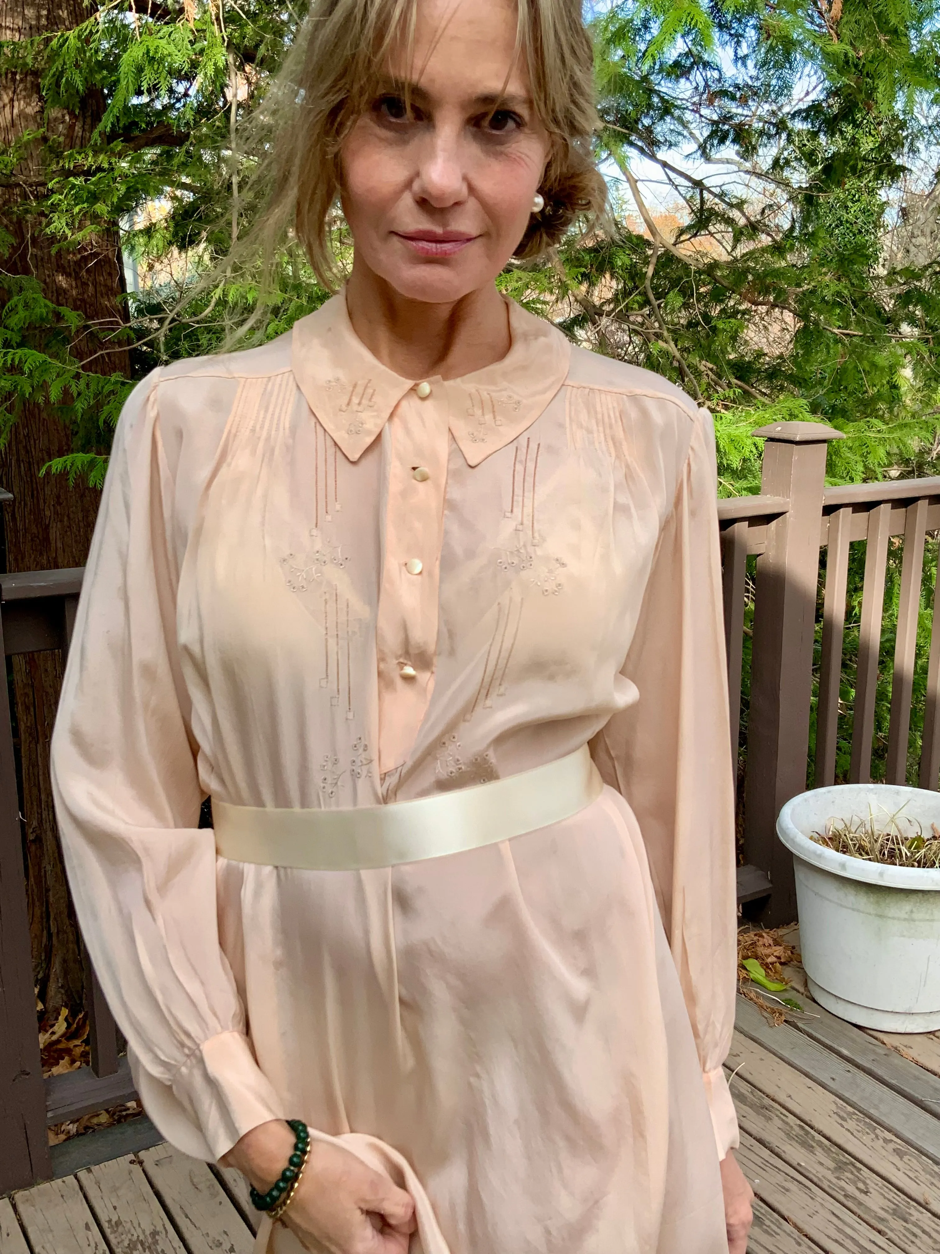 Long Sleeve Silk Nightgown Embroidered - 20s - 20X