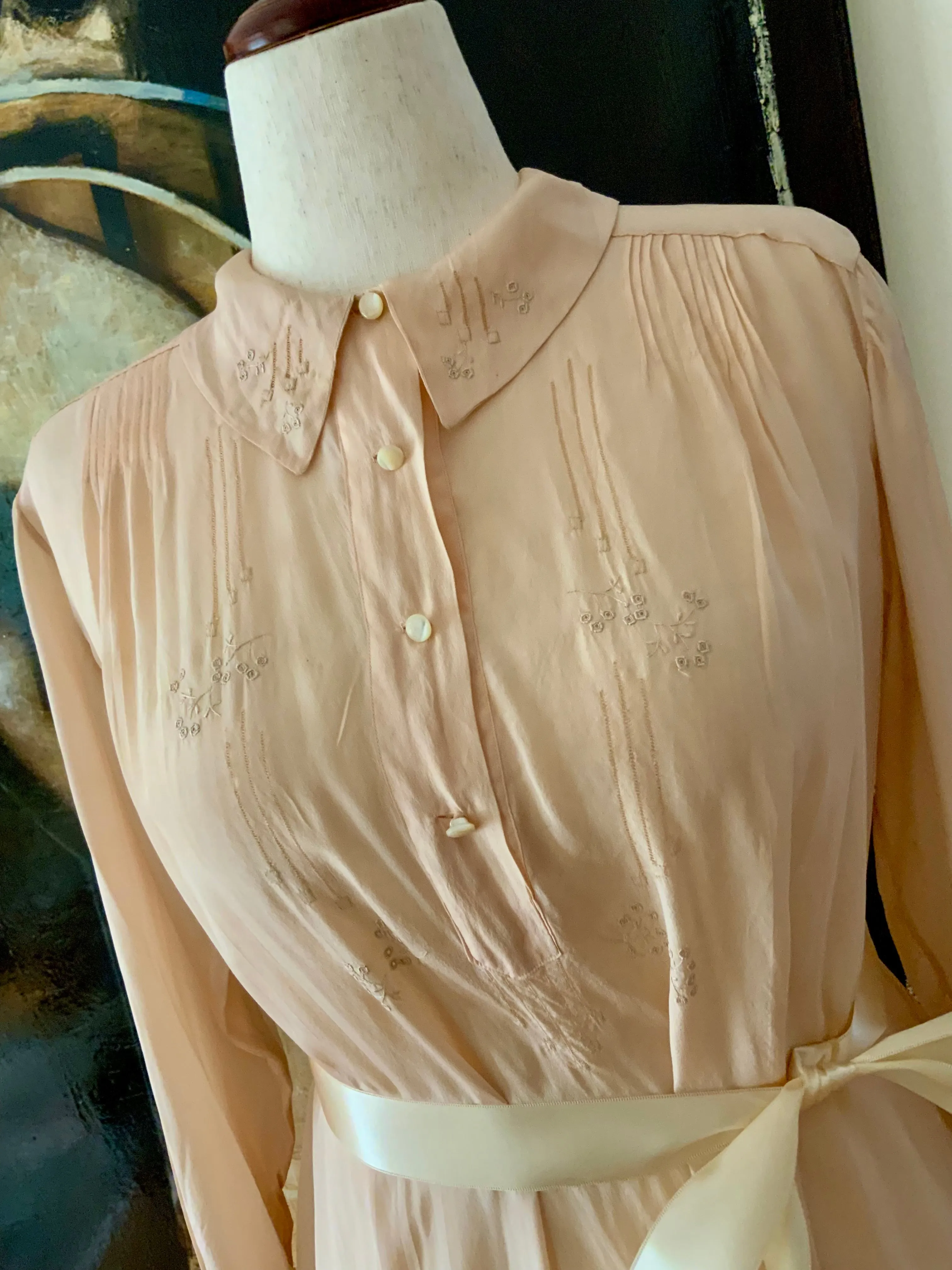 Long Sleeve Silk Nightgown Embroidered - 20s - 20X