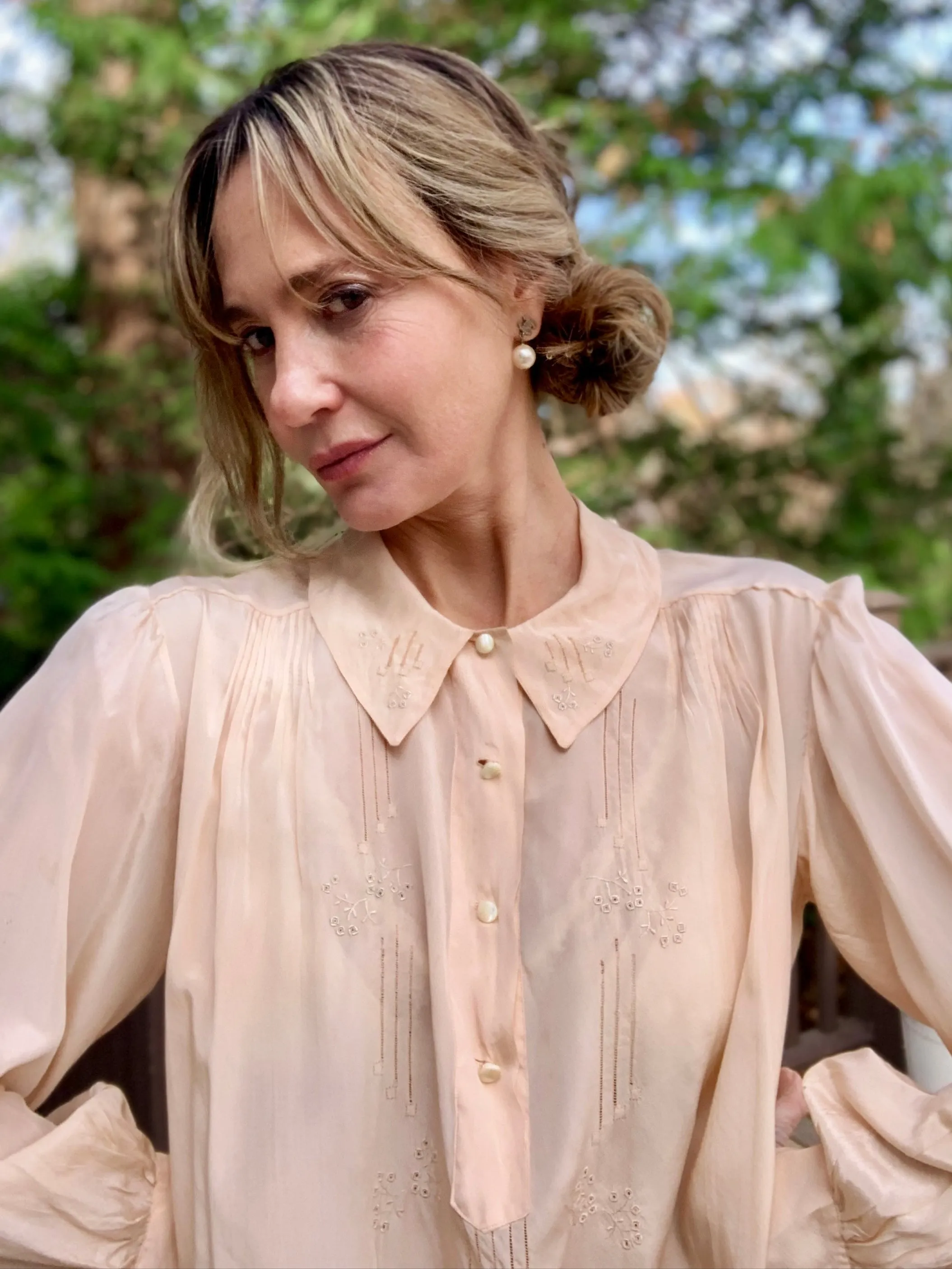 Long Sleeve Silk Nightgown Embroidered - 20s - 20X