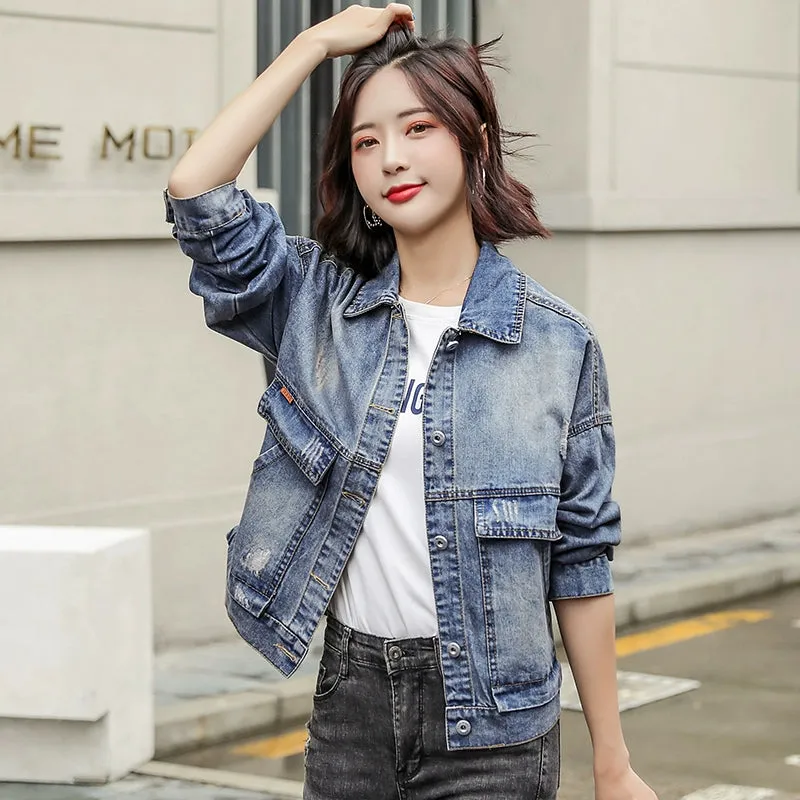 Loose Slim Looking Spring and Autumn Short Large-Size Denim Jacket