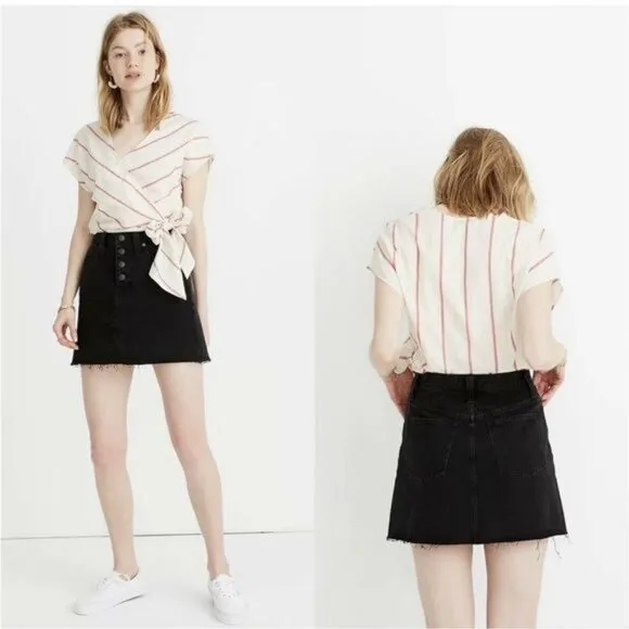 Madewell High Waist Button Front Rigid Denim A-Line Skirt Black L4538