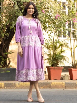 Mauve Cotton Linen Embroidered Dress with Neck Tie-up