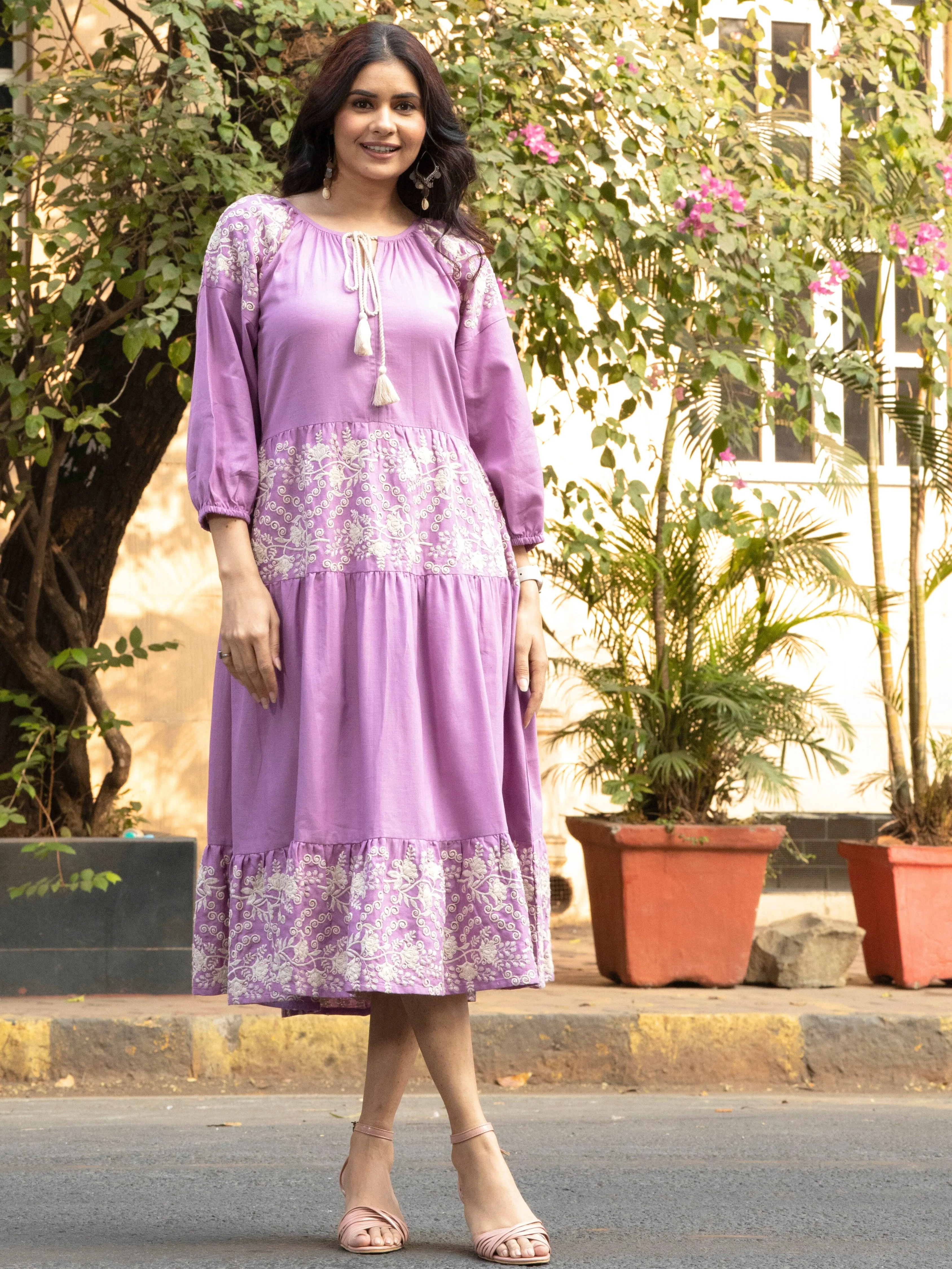 Mauve Cotton Linen Embroidered Dress with Neck Tie-up