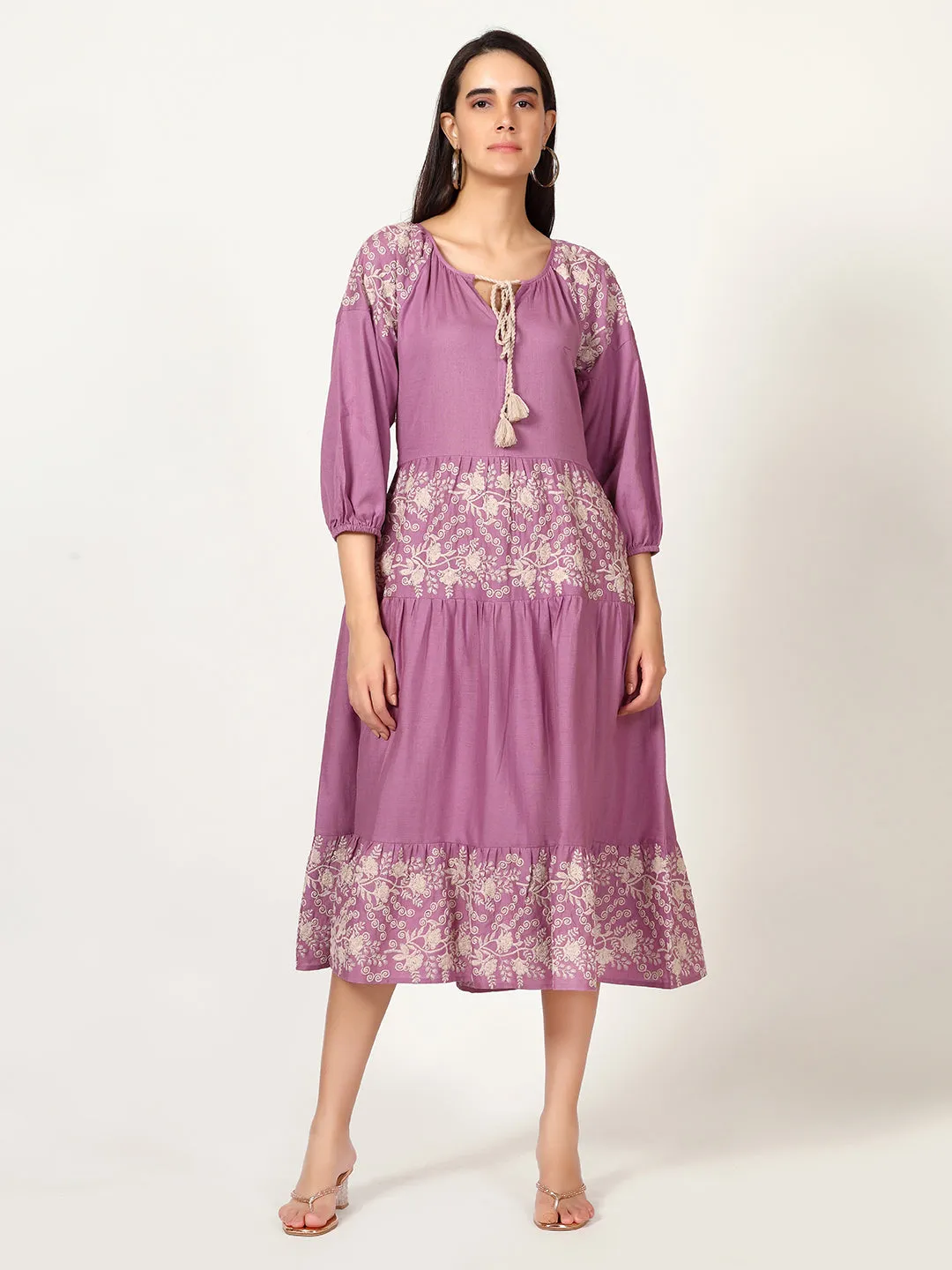 Mauve Cotton Linen Embroidered Dress with Neck Tie-up