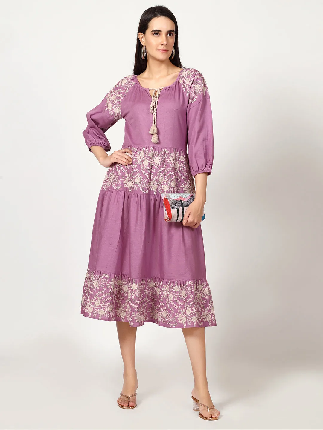 Mauve Cotton Linen Embroidered Dress with Neck Tie-up
