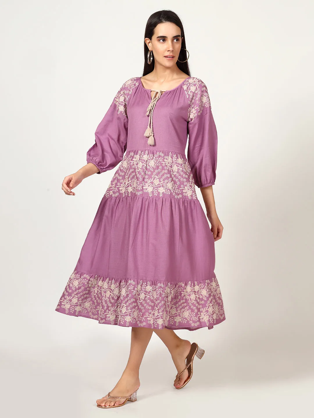 Mauve Cotton Linen Embroidered Dress with Neck Tie-up