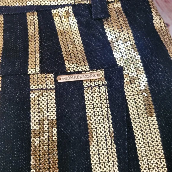 Michael Kors Gold Sequin Stripe Black Denim Mini Skirt