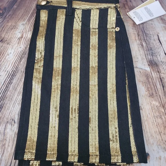 Michael Kors Gold Sequin Stripe Black Denim Mini Skirt
