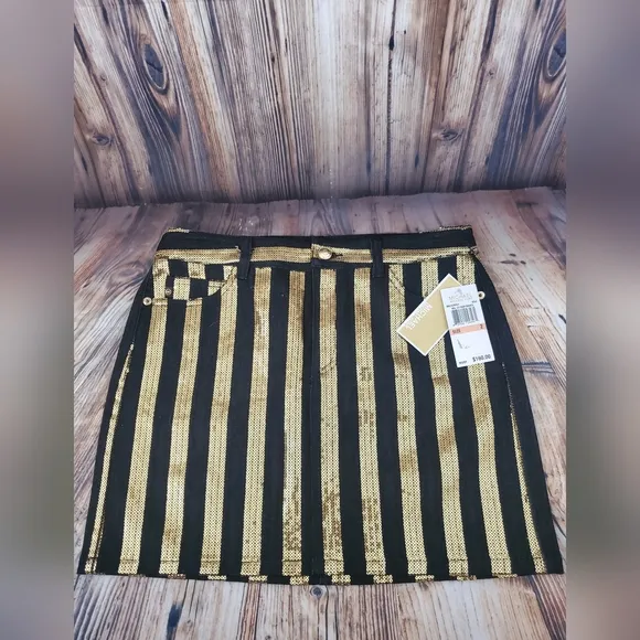 Michael Kors Gold Sequin Stripe Black Denim Mini Skirt