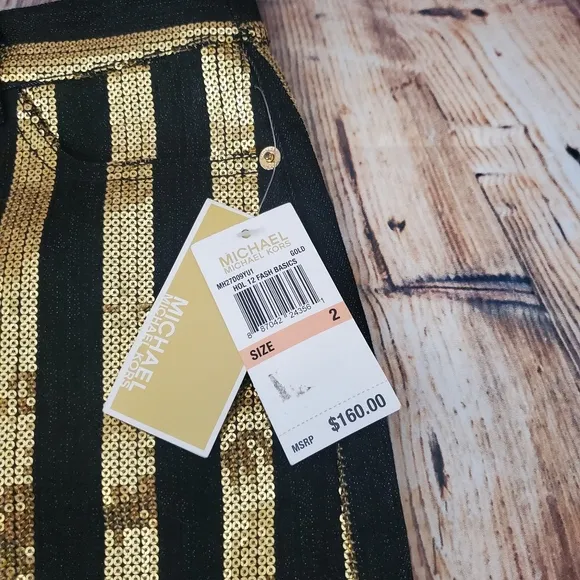 Michael Kors Gold Sequin Stripe Black Denim Mini Skirt