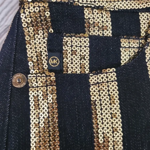 Michael Kors Gold Sequin Stripe Black Denim Mini Skirt