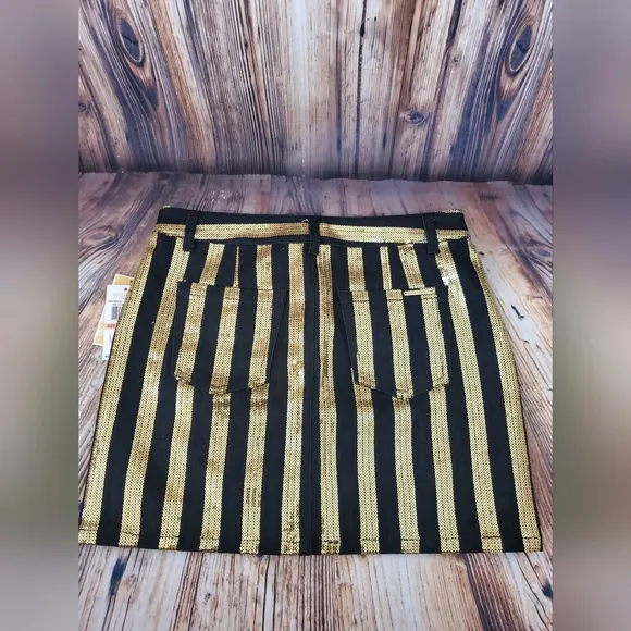 Michael Kors Gold Sequin Stripe Black Denim Mini Skirt