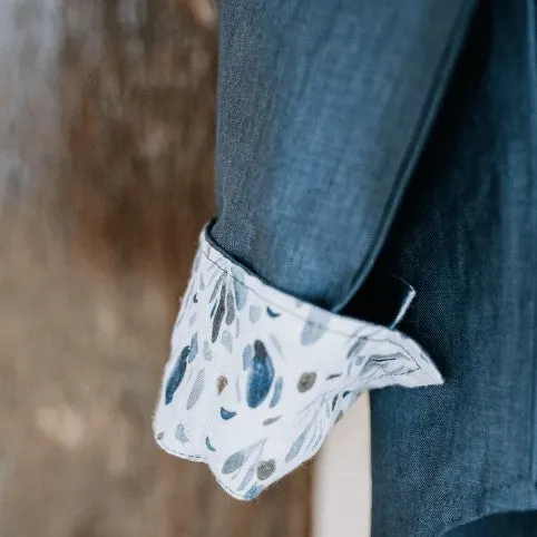 MIDNIGHT BLOOM ORGANIC LINEN SHIRT WITH PRINTED CUFFS