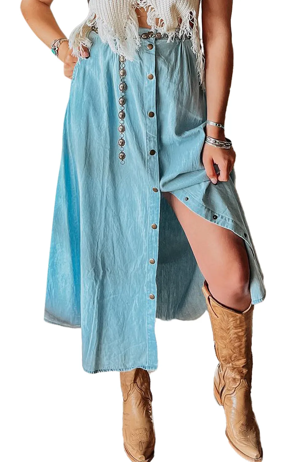 Mist Blue Fully Buttoned Long Denim Skirt