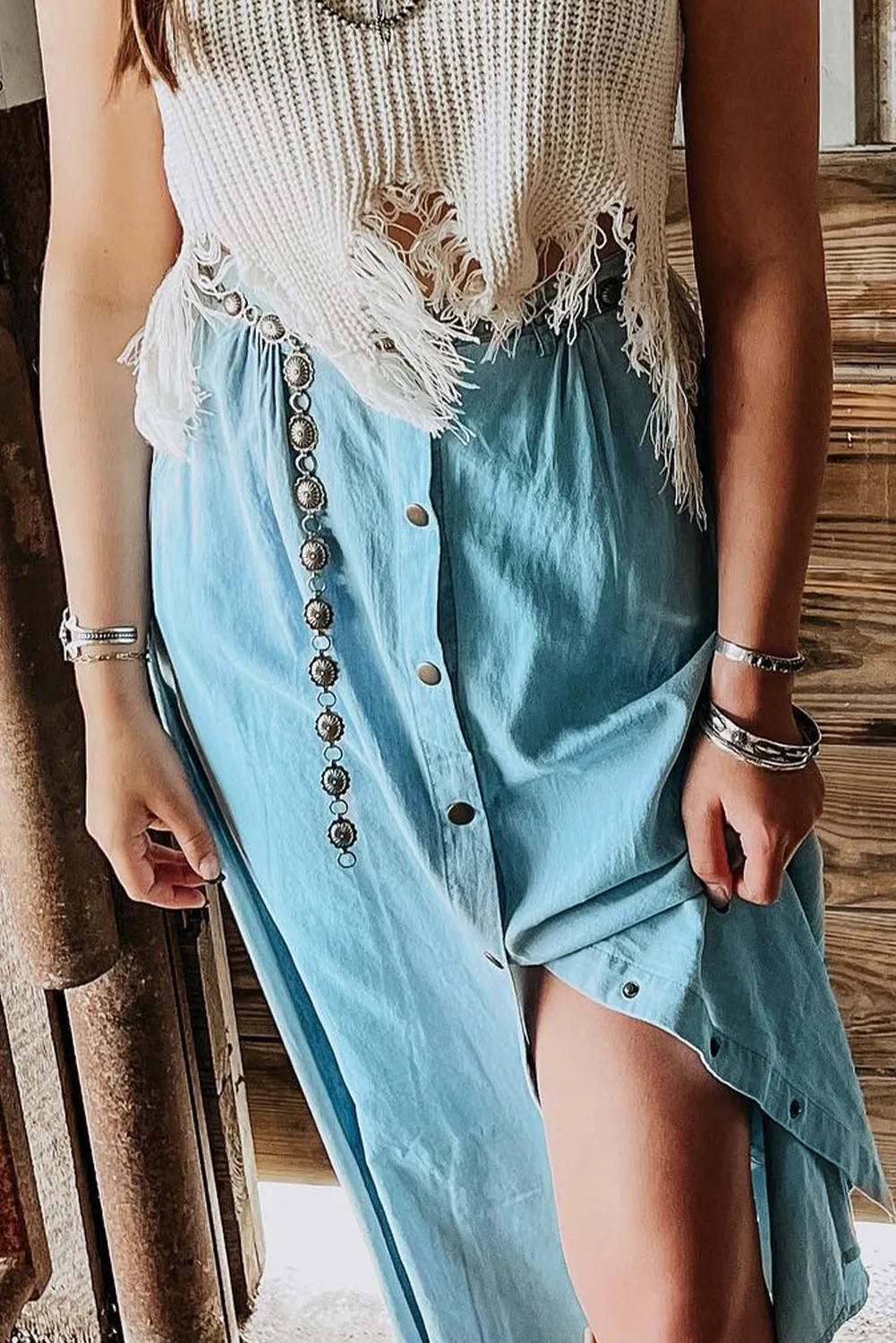 Mist Blue Fully Buttoned Long Denim Skirt