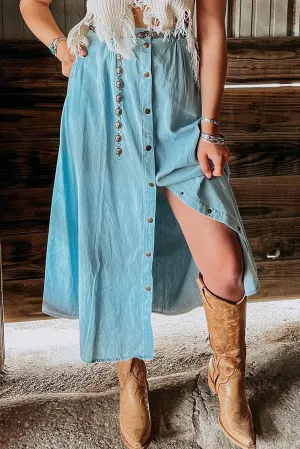 Mist Blue Fully Buttoned Long Denim Skirt