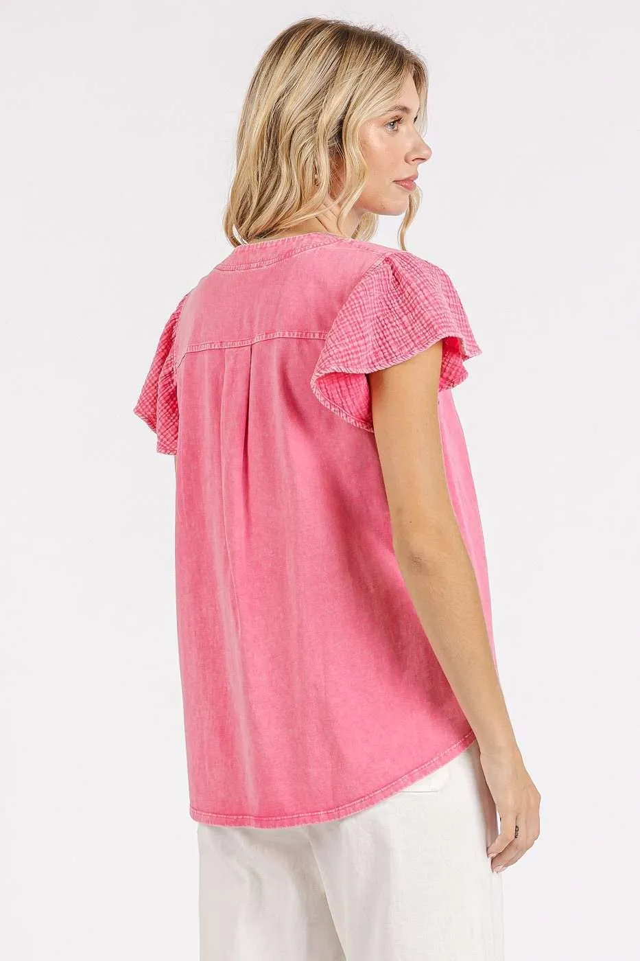 Mix Media Ruffle Short Sleeve Mineral Wash Top