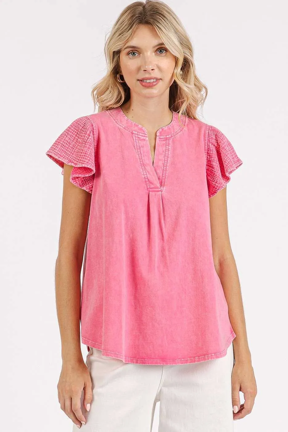 Mix Media Ruffle Short Sleeve Mineral Wash Top