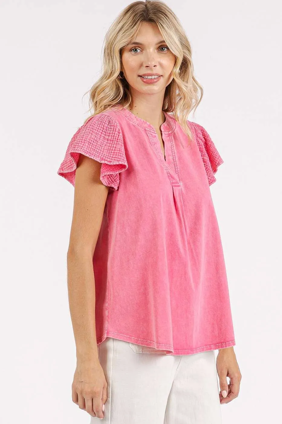 Mix Media Ruffle Short Sleeve Mineral Wash Top