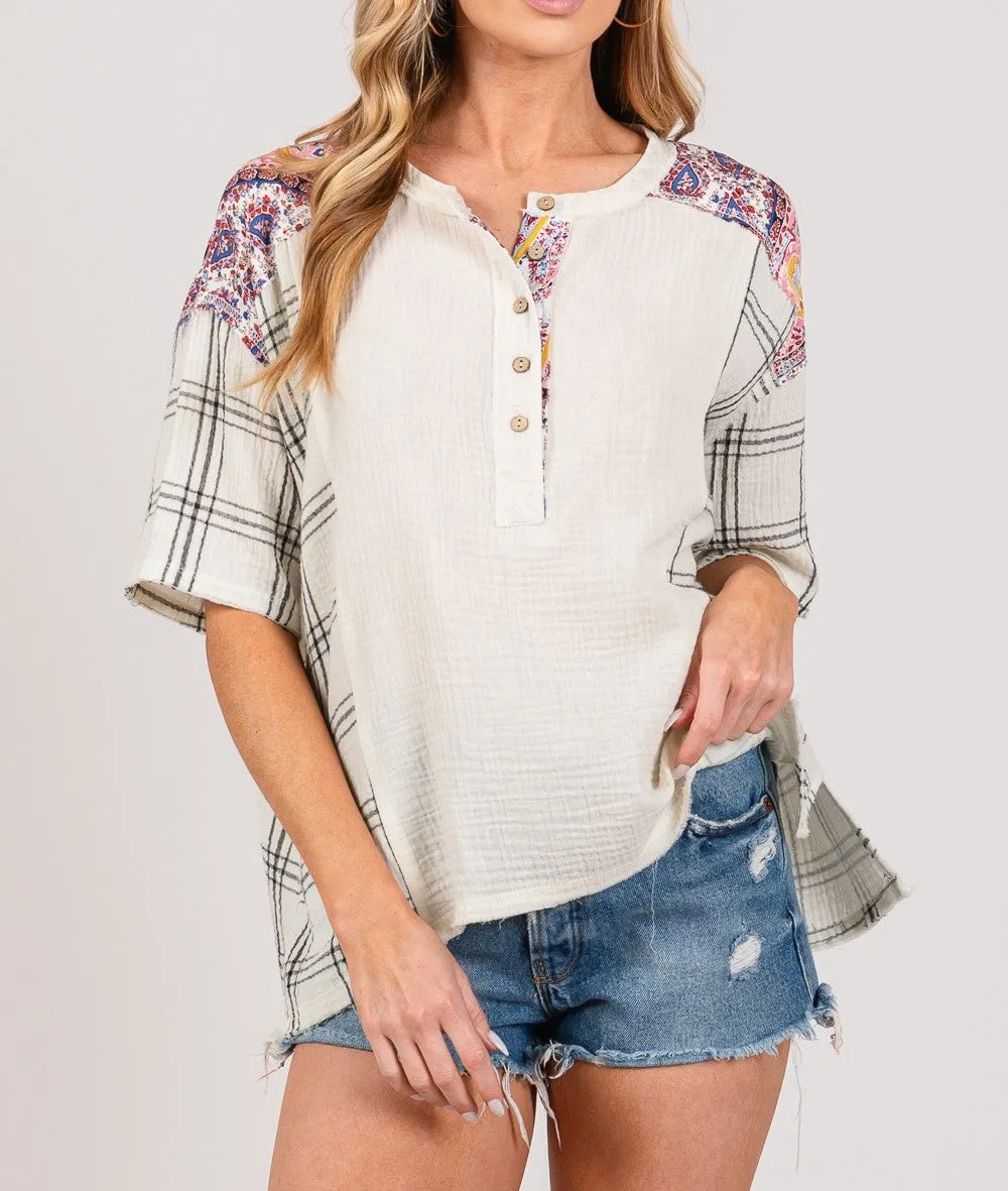Mixed Print Gauze Short Slv Henley Style Top w Paisley Accent