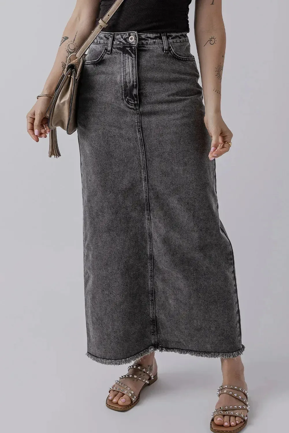 'Mobi' Raw Hem Midi Denim Skirt with Pockets