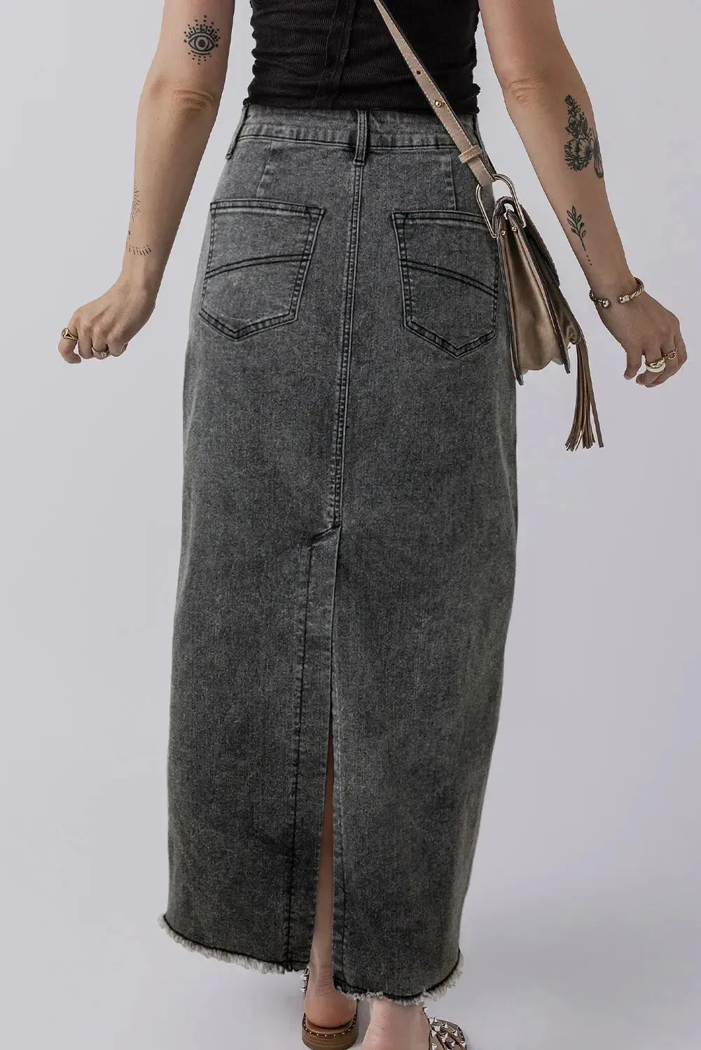 'Mobi' Raw Hem Midi Denim Skirt with Pockets