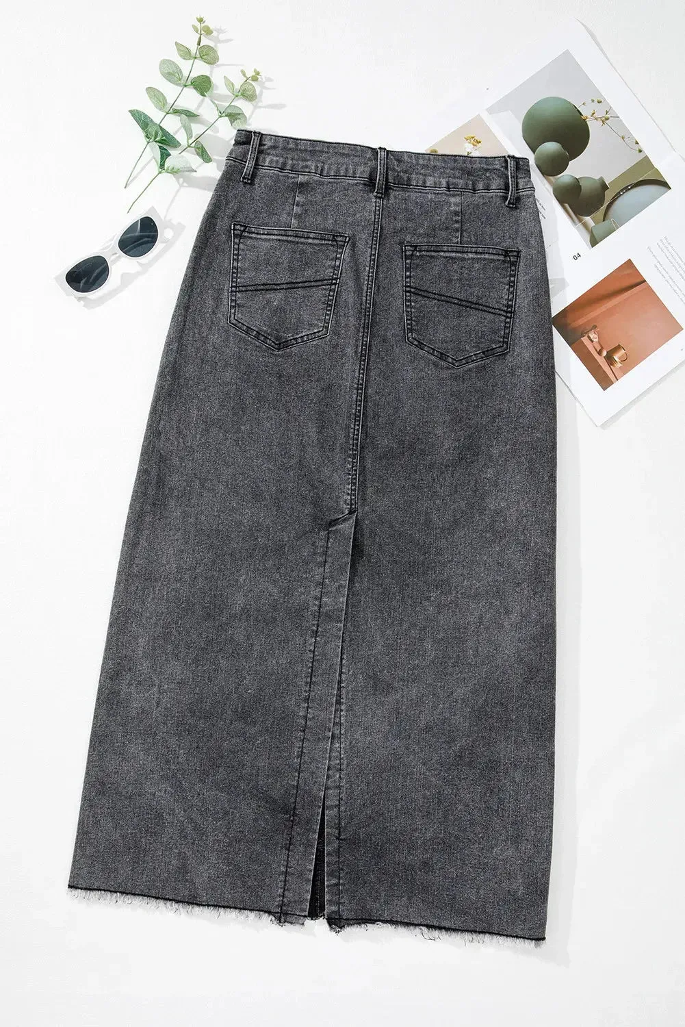 'Mobi' Raw Hem Midi Denim Skirt with Pockets