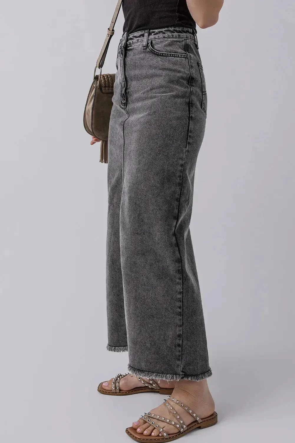 'Mobi' Raw Hem Midi Denim Skirt with Pockets