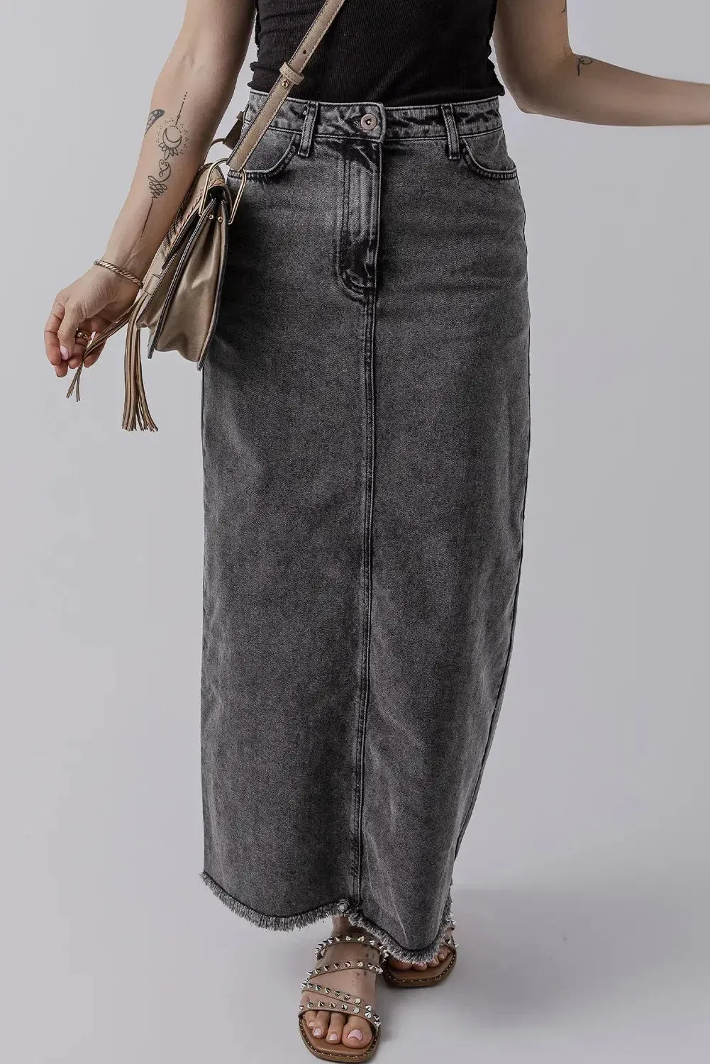 'Mobi' Raw Hem Midi Denim Skirt with Pockets