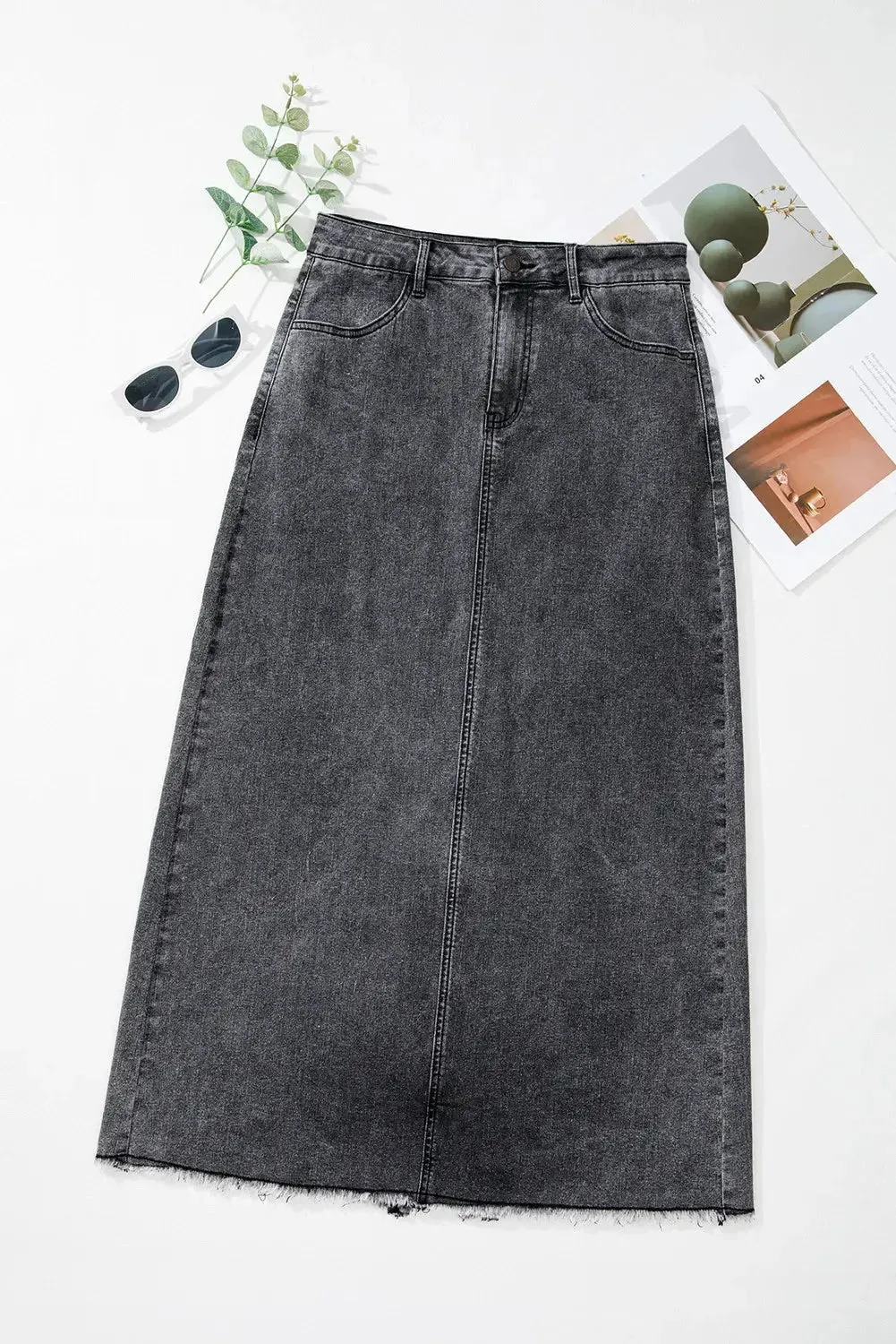 'Mobi' Raw Hem Midi Denim Skirt with Pockets