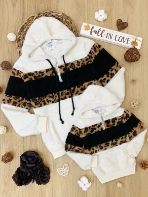 Mommy and Me Fleece Quarter Zip Leopard Color Block Hoodie