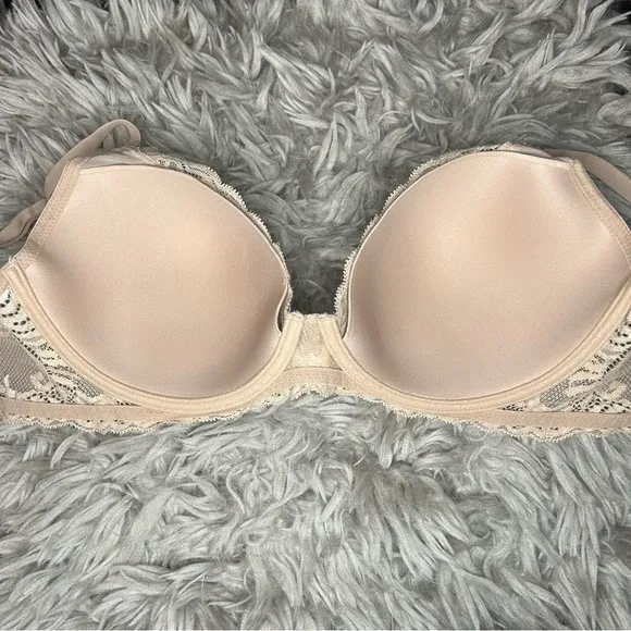 Natori Feathers Plunge T-Shirt neutral nude lace bra size 34DDD