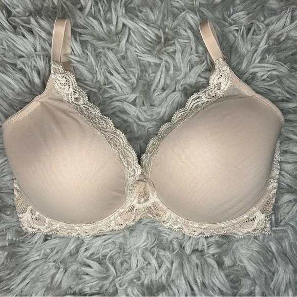 Natori Feathers Plunge T-Shirt neutral nude lace bra size 34DDD