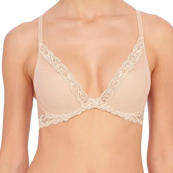 Natori Feathers Plunge T-Shirt neutral nude lace bra size 34DDD