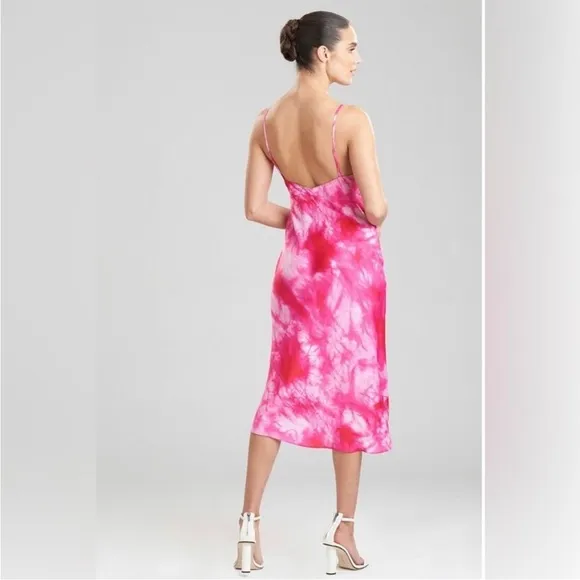 Natori Sora Slip Camisole Nightgown in Sunset Coral Tye Dye Pink &amp; White, Large